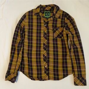 C Wonder Yellow Gold Black Purple Plaid Flannel Button Down Top Shirt Size 4